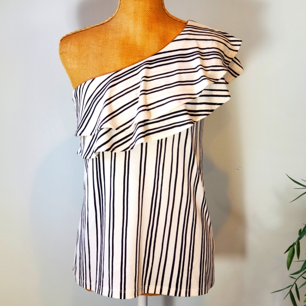 H&M One-Shoulder Cream and Black Ruffle Blouse- Small